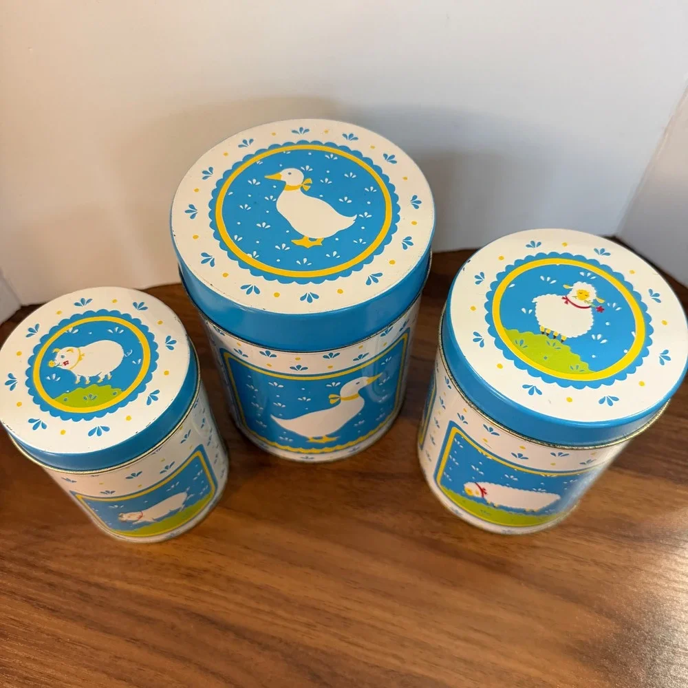 Vintage 1984 WA Nesting Kitchen Canisters Set of 3 Goose Sheep Pig Farm Blue Tin